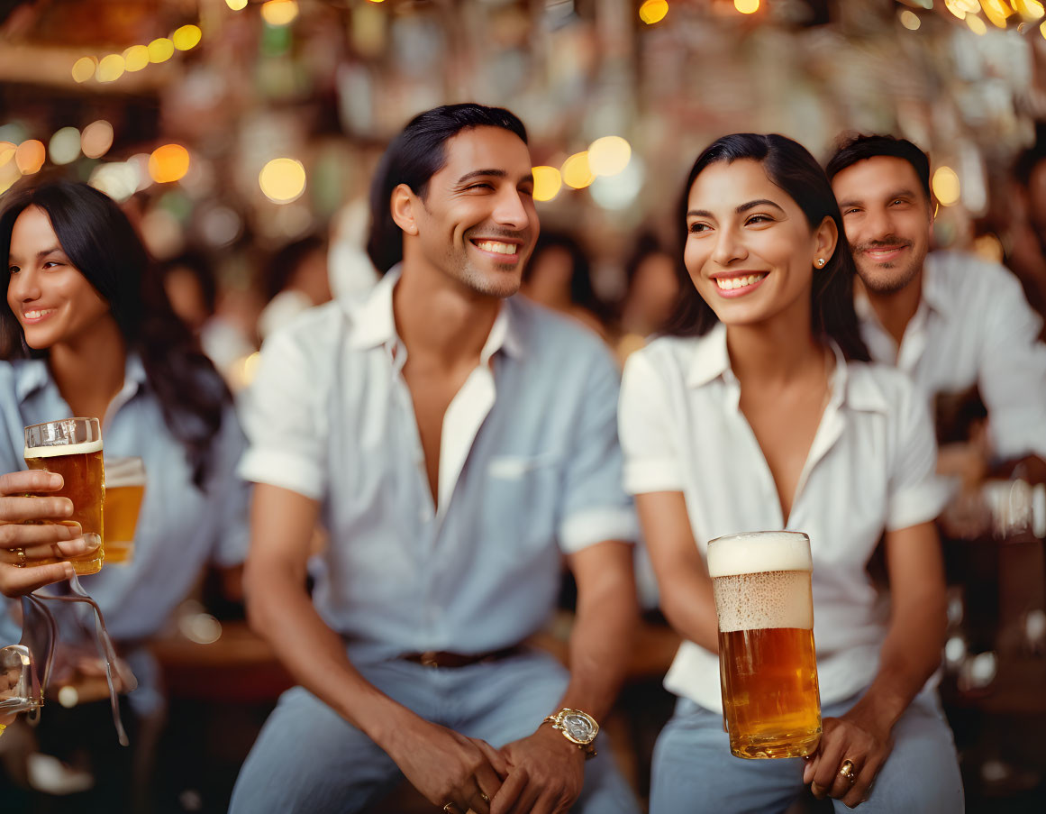 Four people having drinks at a vibrant bar with bokeh backdrop