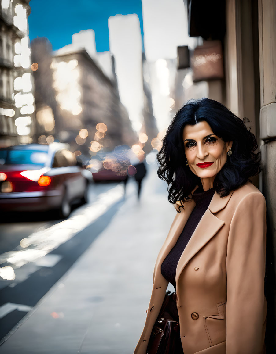 Dark-haired woman in beige coat smiles on city street with blurred background.