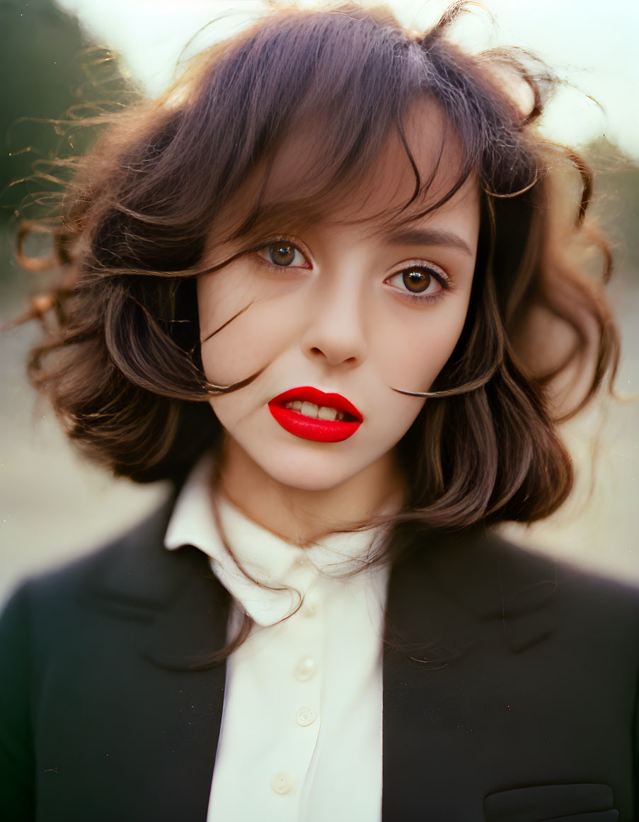 Serious woman in windswept hair, red lipstick, black blazer, and white shirt.