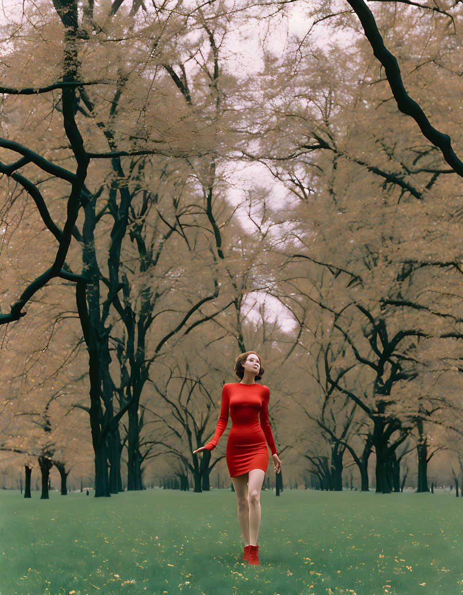 Woman in Red Dress Stands in Serene Park with Yellow Trees