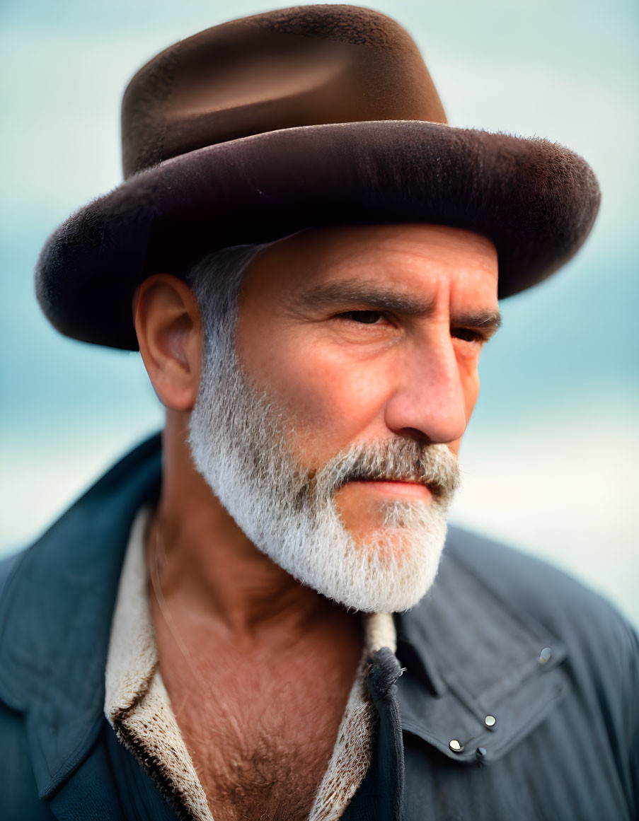 Elderly man with gray beard and hat in blue shirt