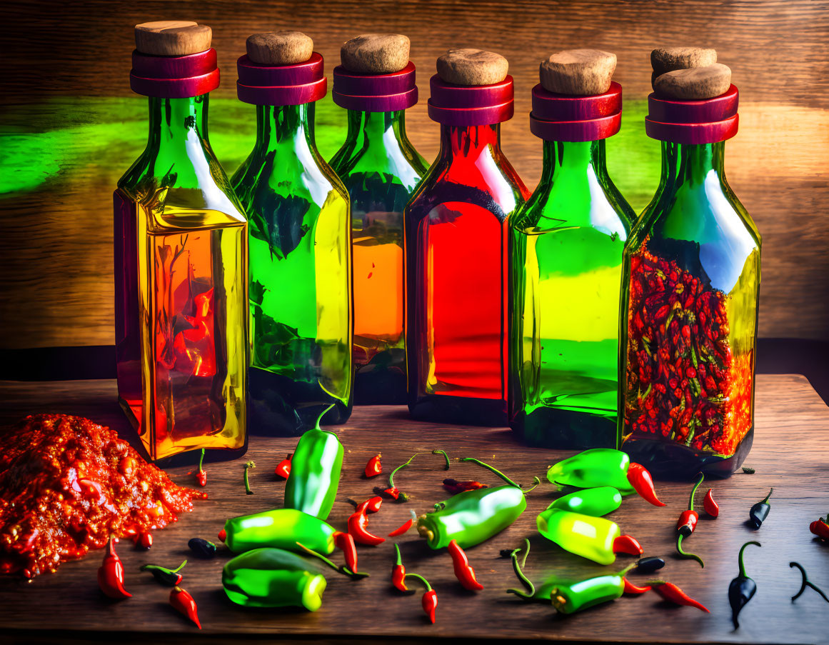 Vibrant Infused Oils and Peppers on Wooden Surface