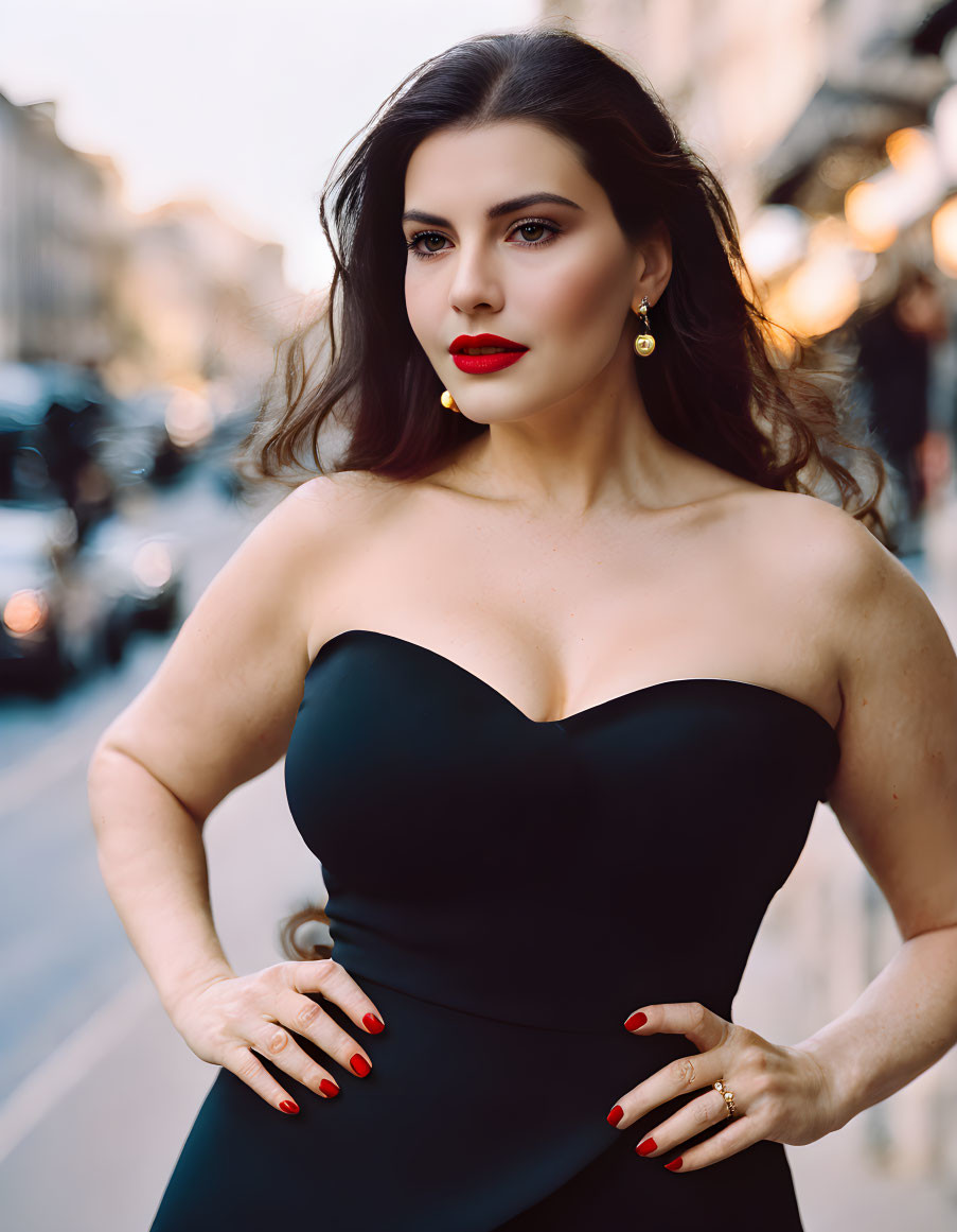 Confident woman in red lipstick and earrings in strapless black dress on city street