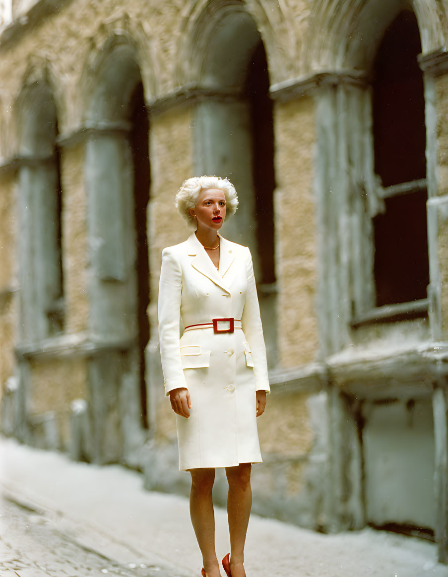 Woman in White Suit Amid Vintage Buildings