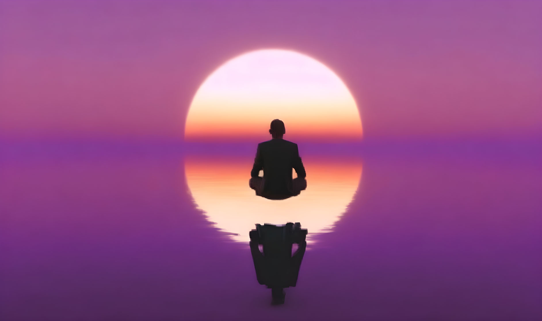 Silhouetted person meditating by tranquil sea at sunset