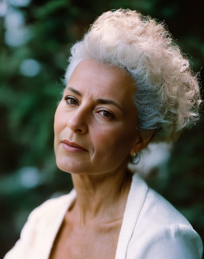 Elderly Woman Portrait with Gray Curly Hair and White Outfit