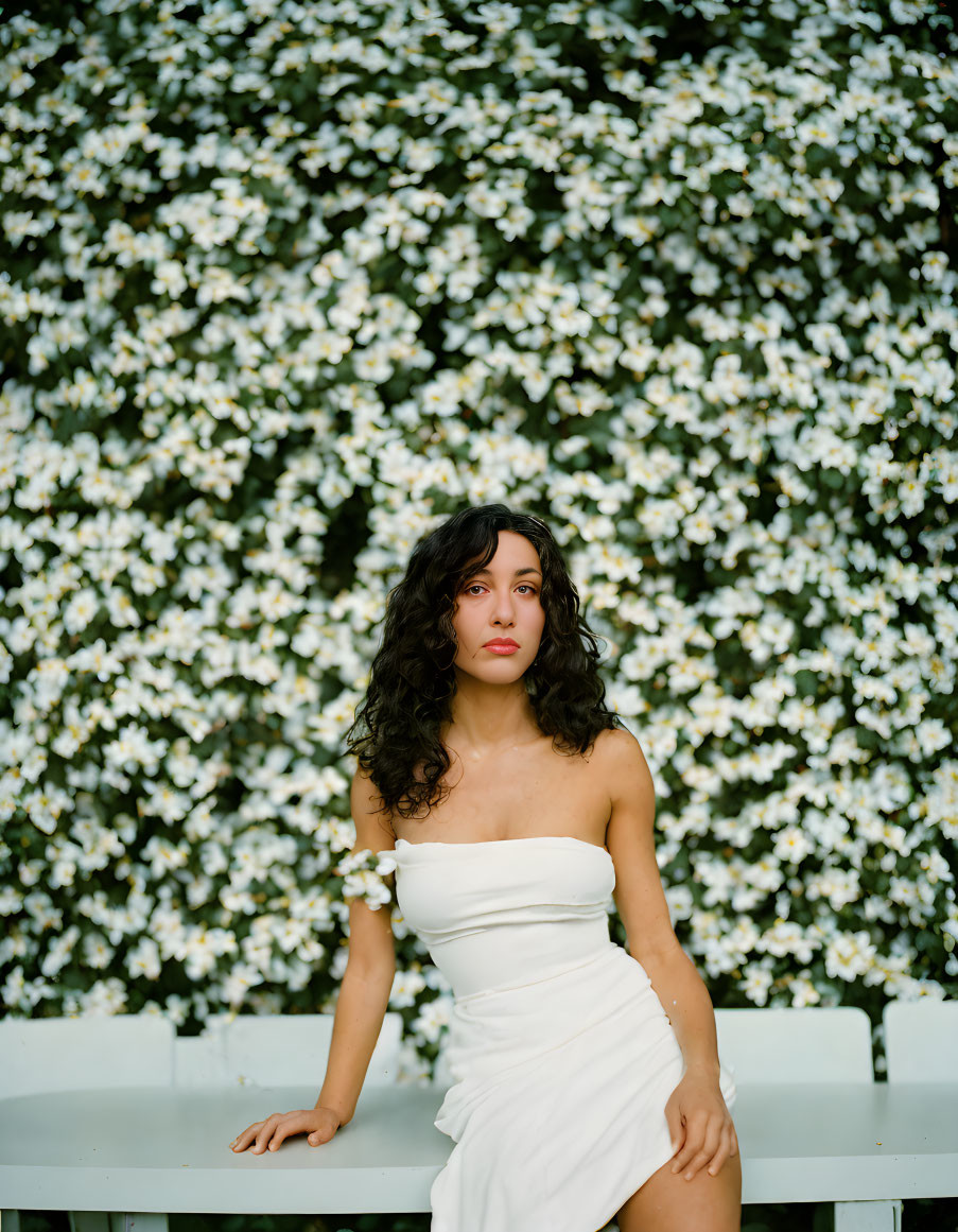 Woman in white dress by blooming white flower bush with curly hair.