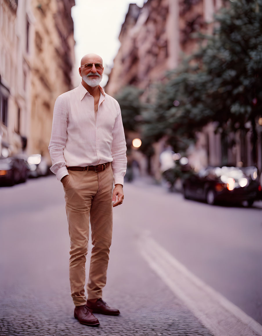 Confident bearded man in light shirt on city street