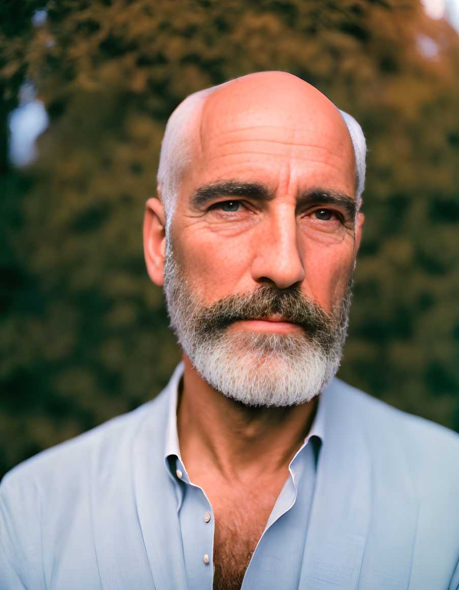 Bald Man with Gray Beard in Light Blue Shirt Portrait