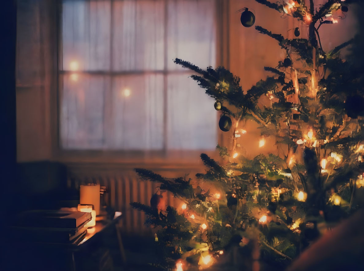 Warmly lit Christmas tree in cozy room with soft glow from window