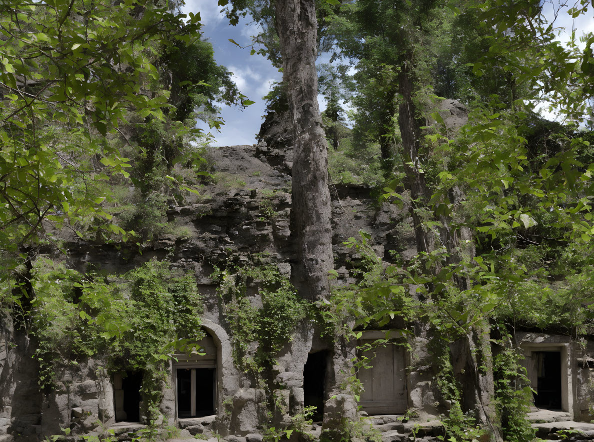 Rock-cut caves nestled in lush greenery and towering trees under clear sky