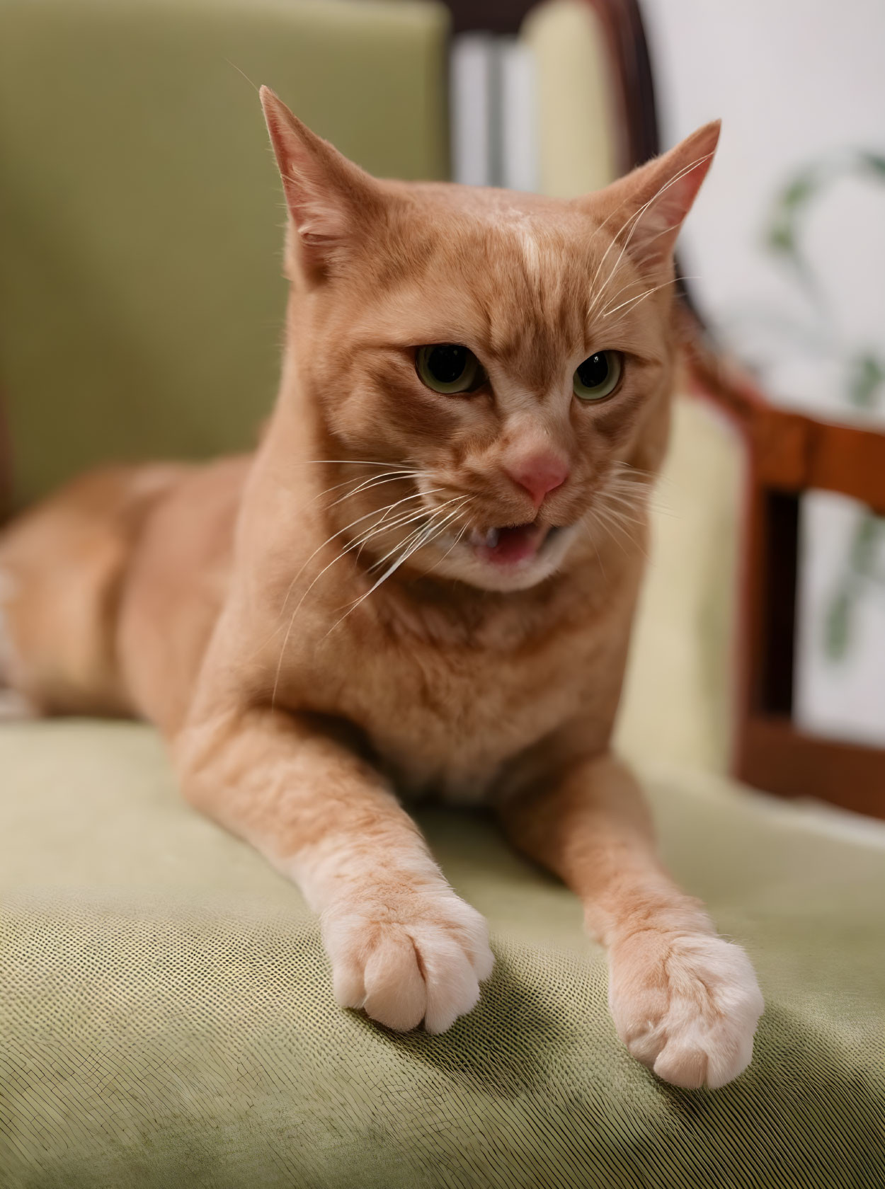 Orange Tabby Cat Resting on Green Cushioned Chair