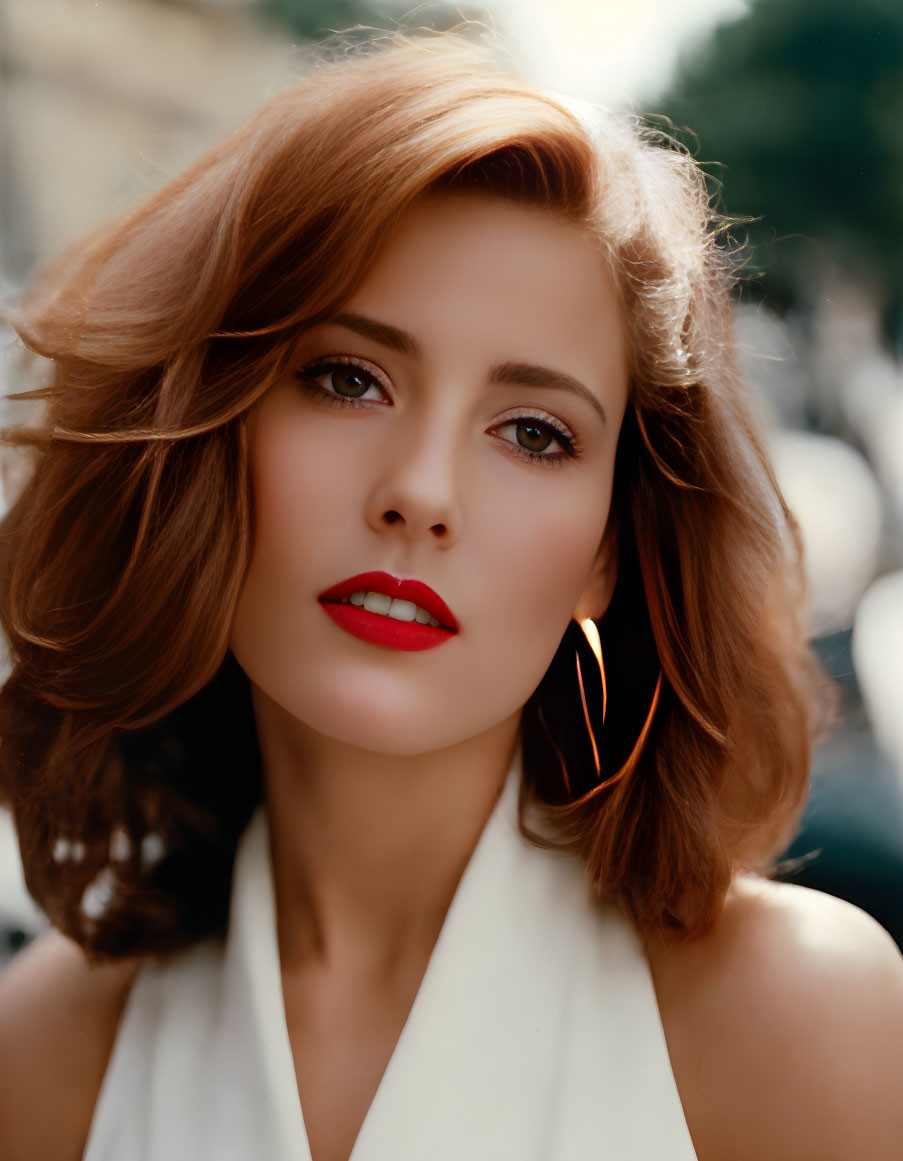 Auburn-Haired Woman in White Attire with Green Eyes and Red Lipstick