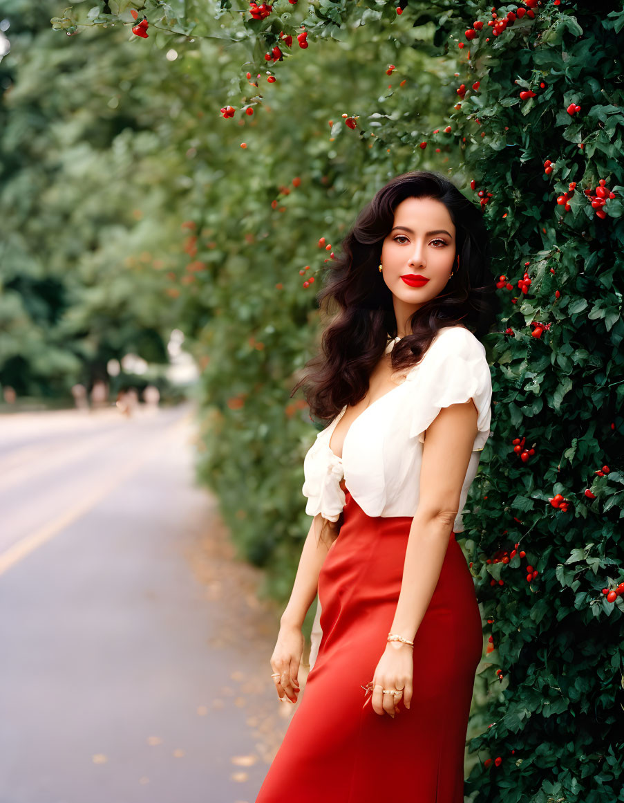 Dark-haired woman in white blouse and red skirt by flowering shrubs