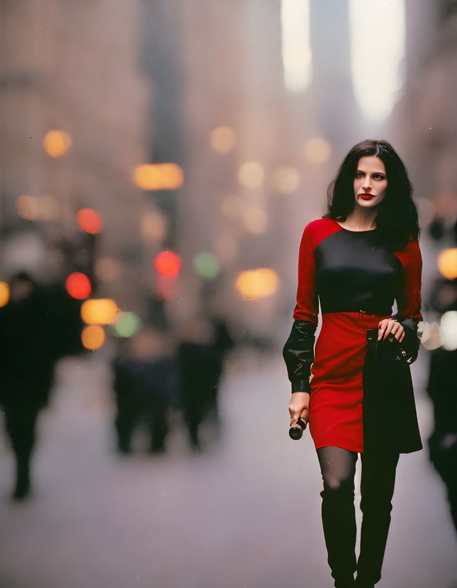 Woman in red and black dress on busy city street with blurred pedestrians and lights