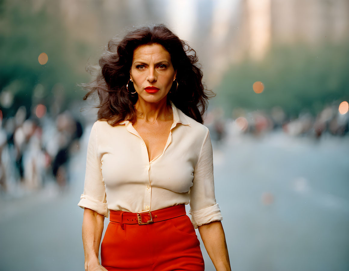 Dark-Haired Woman Walking in City Street with Cream Blouse and Red Skirt