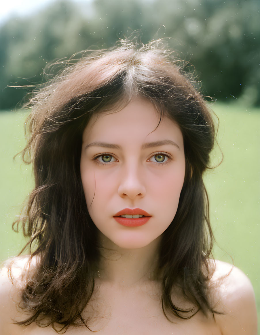 Young woman portrait with dark hair and green eyes on blurred green background