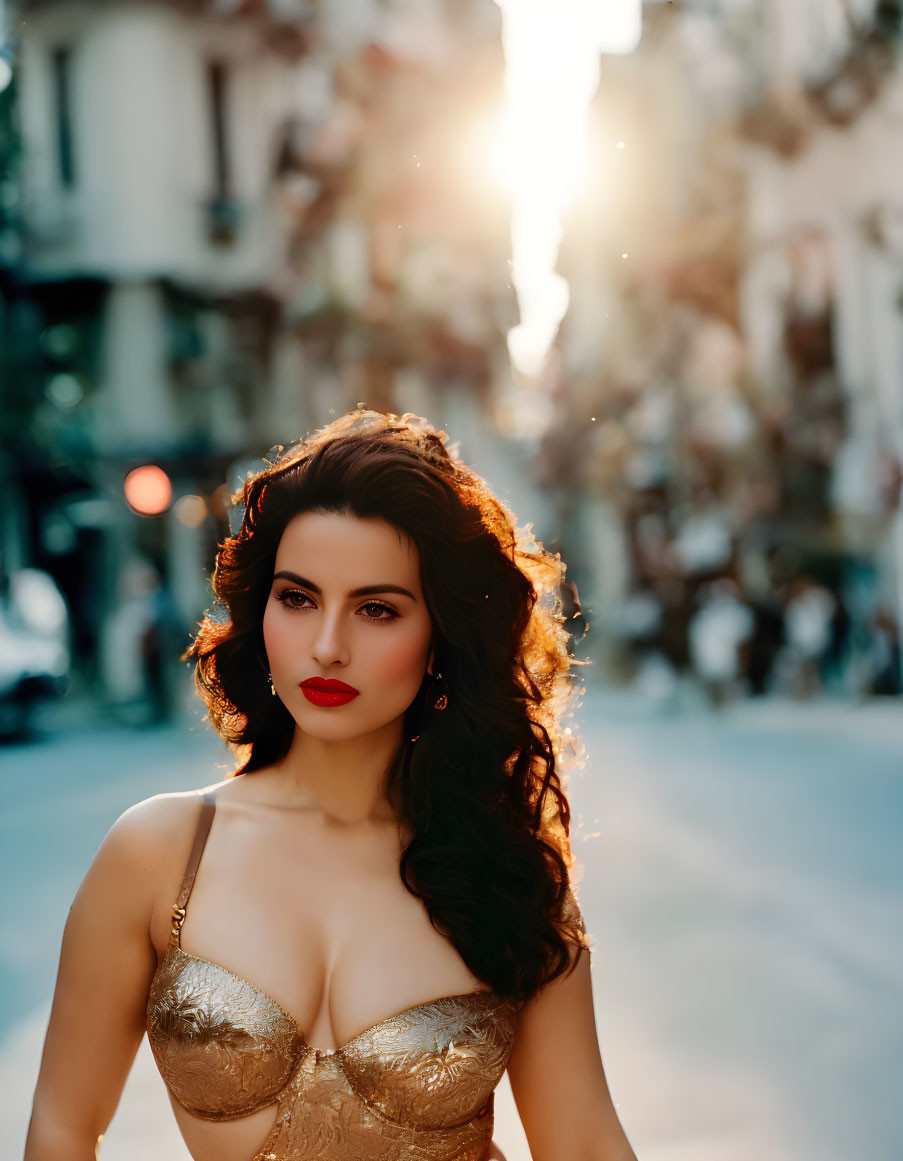 Woman with red lipstick and wavy hair in golden top on sunlit city street