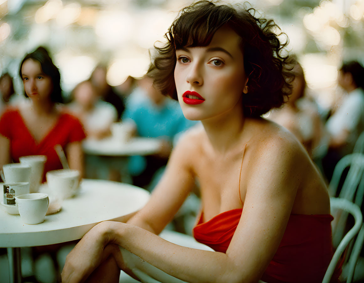 Woman with short curly hair and red lipstick at cafe table with blurred patrons.