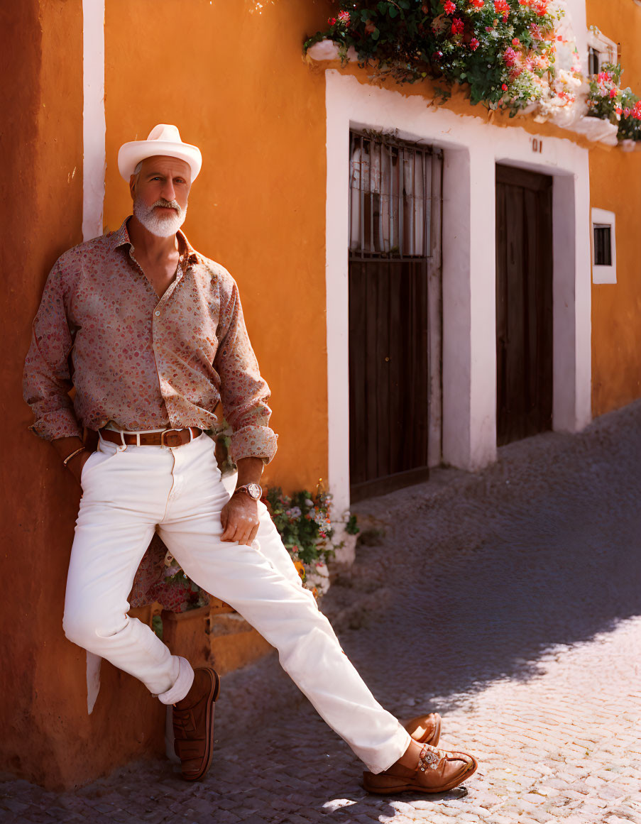 Stylish mature man posing confidently against orange wall