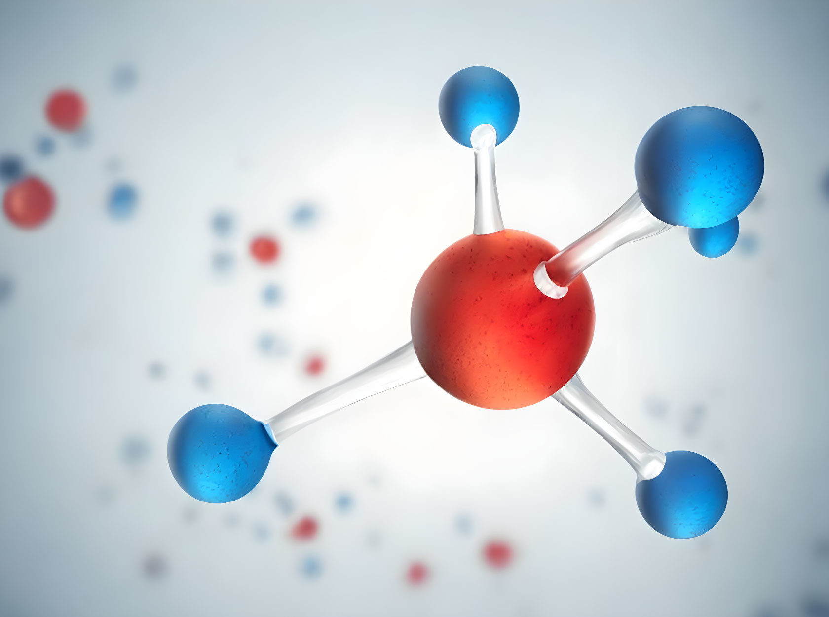 Detailed 3D illustration: Water molecule with red oxygen and blue hydrogen atoms connected by white bonds on