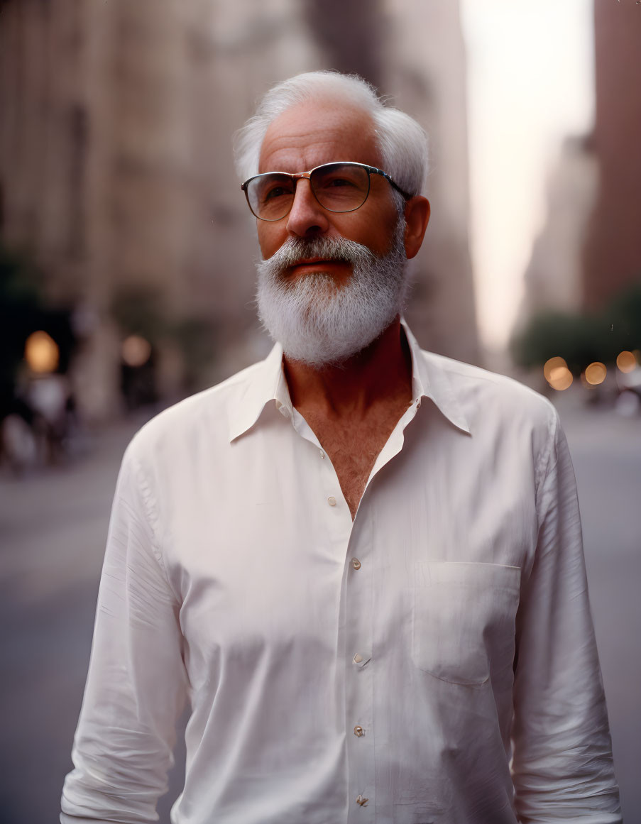 Elderly man in white shirt and glasses on city street at dusk