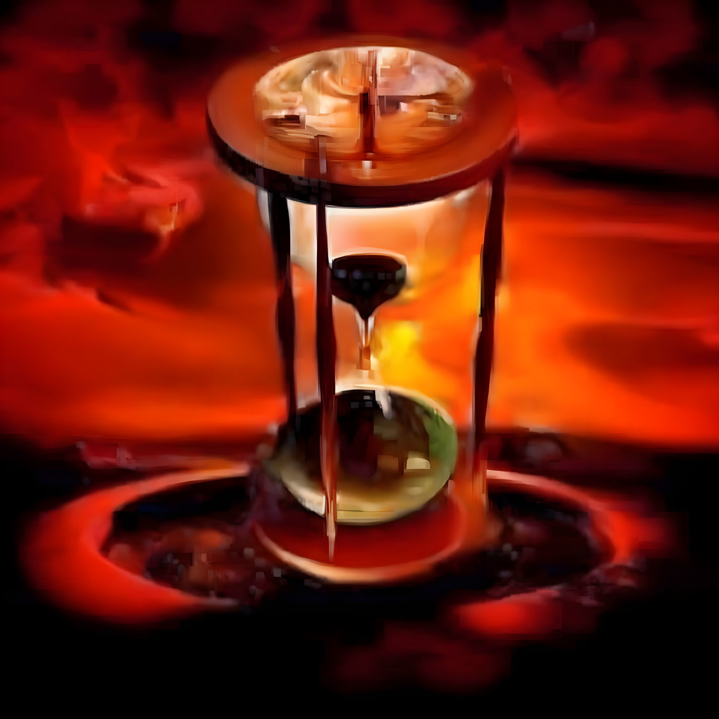 Hourglass with liquid in fiery surreal environment with red and orange hues.