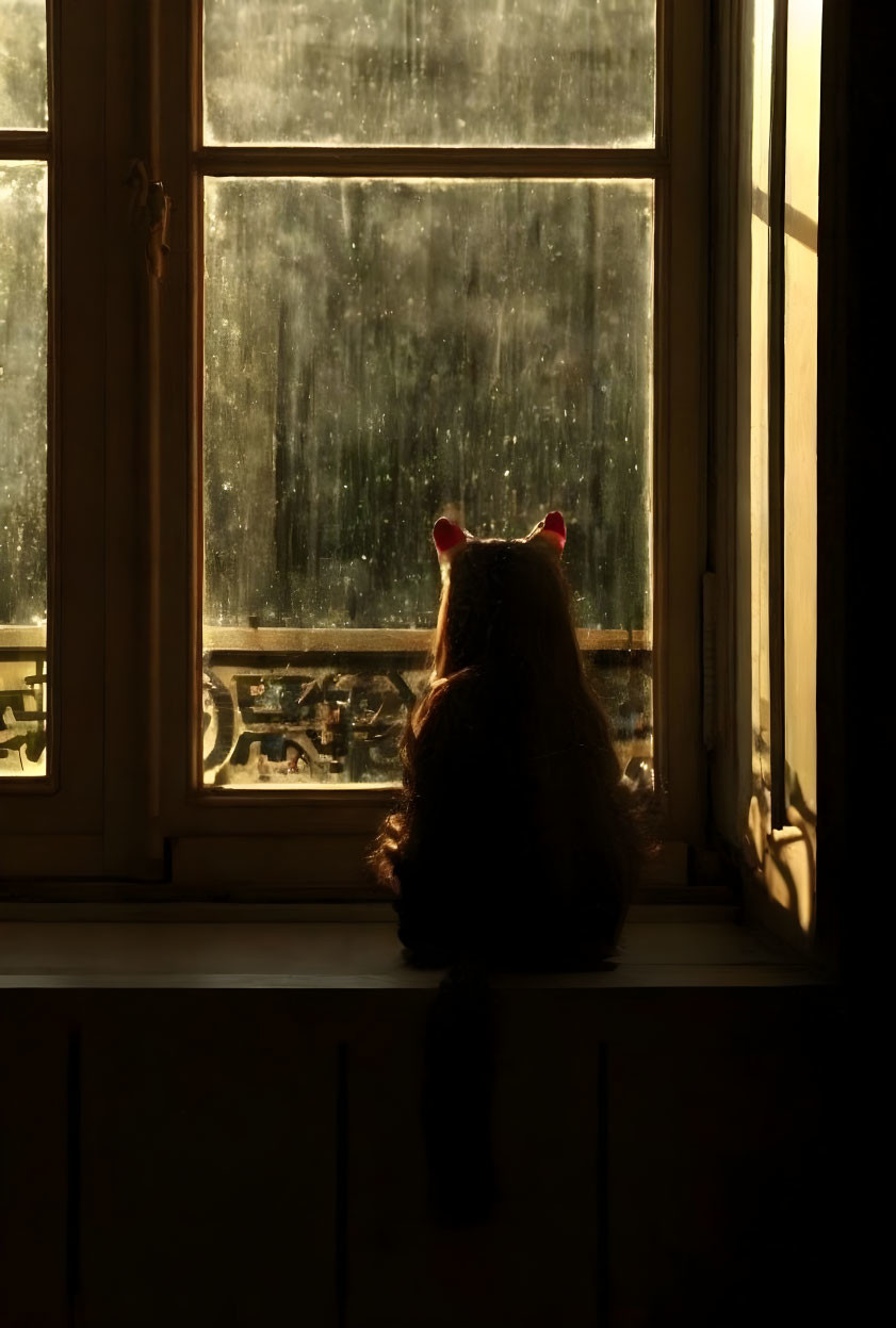 Silhouette of person with long hair in cat ears by rain-streaked window