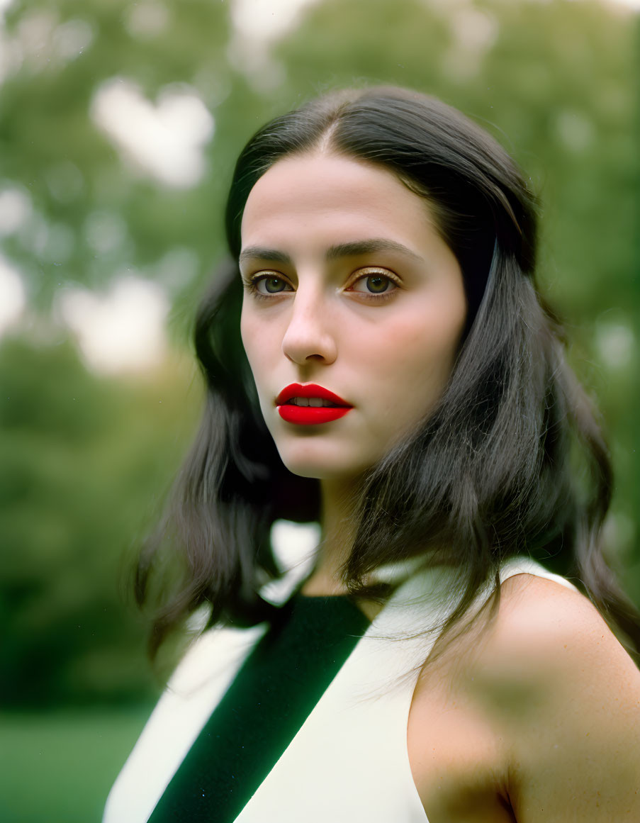 Portrait of woman with dark hair and red lipstick in white and green outfit against blurred green background