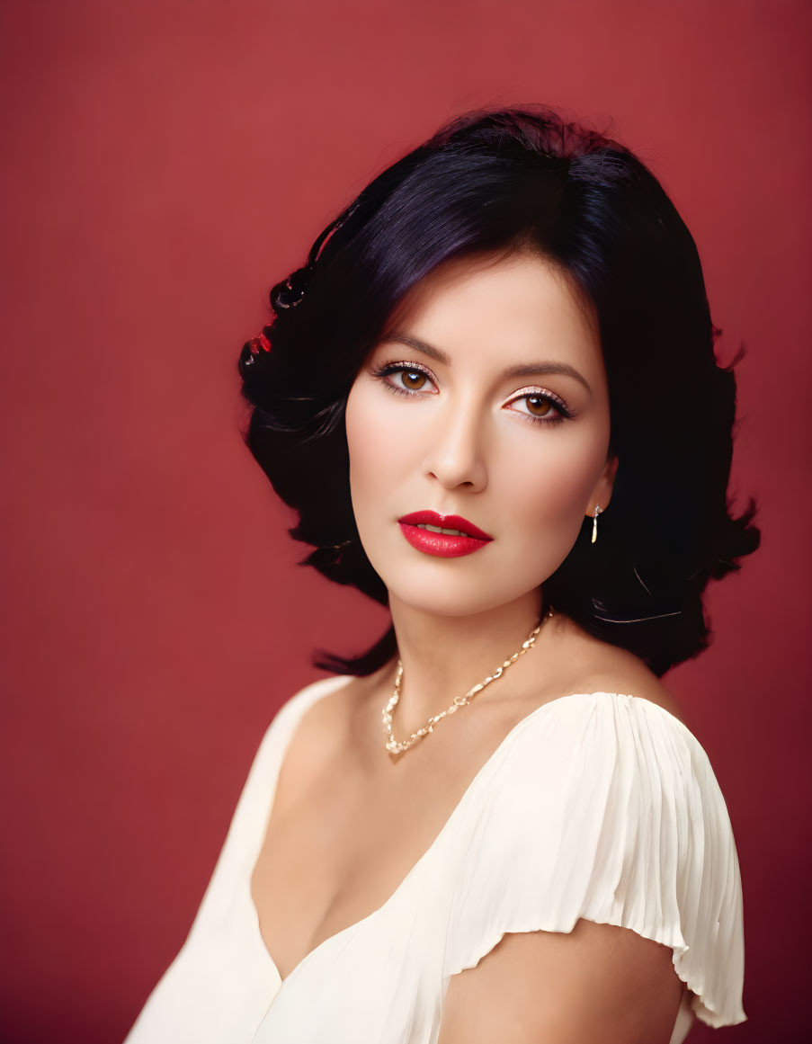 Dark-haired woman in white top and red lipstick against red backdrop