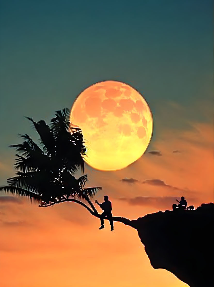 Person silhouette on cliff with full moon, palm tree, orange and blue dusk sky