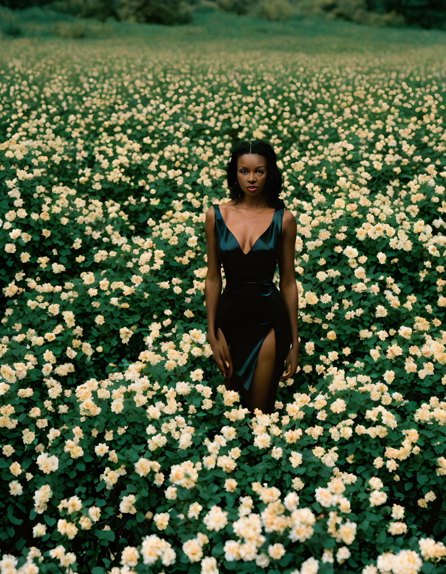 Woman in black dress surrounded by blooming white flowers