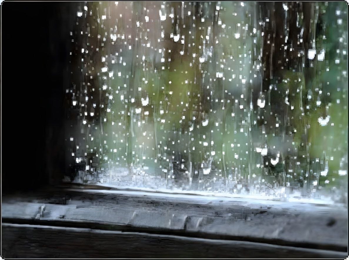 Water droplets on glass window against blurred nature backdrop.