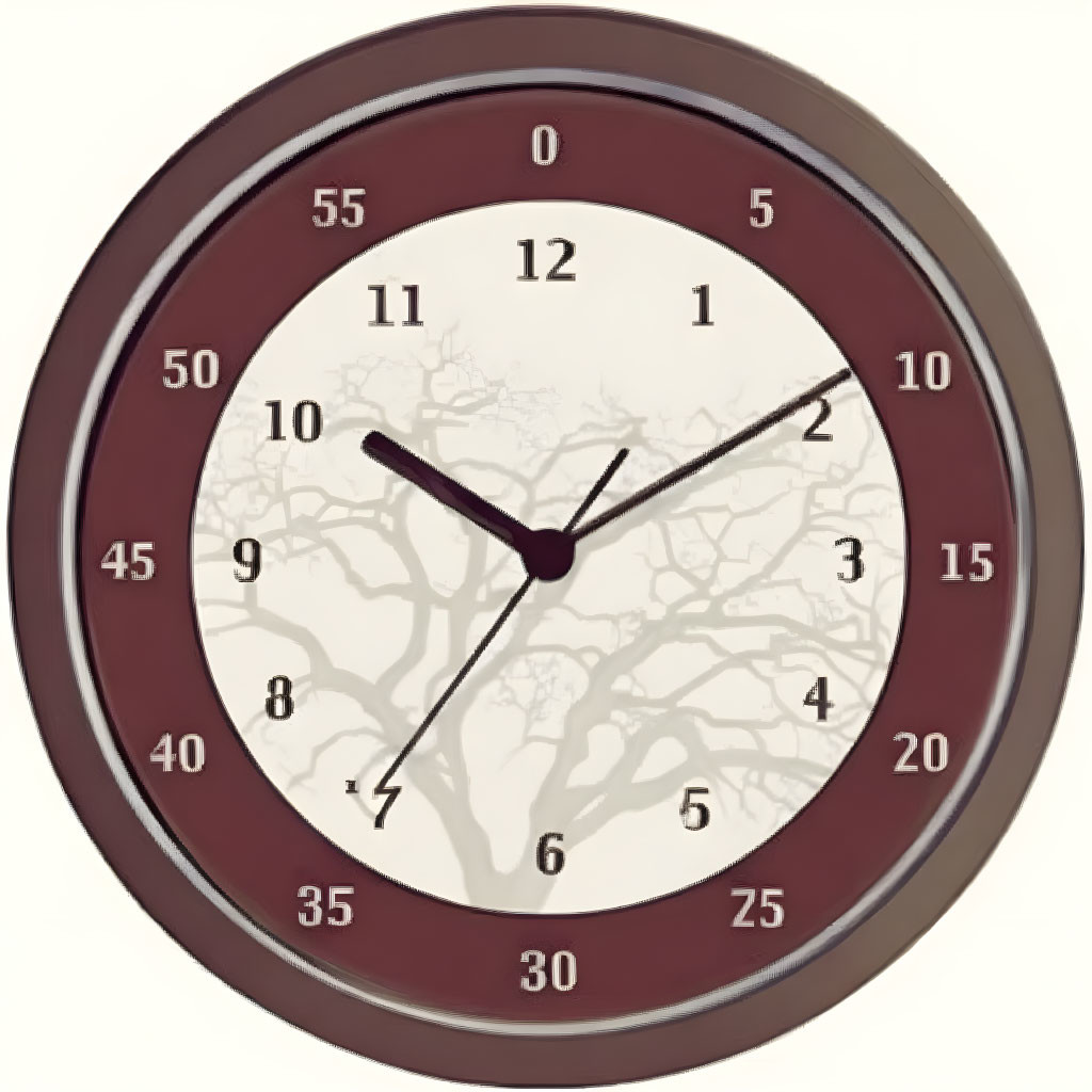 Tree Silhouette Wall Clock with 10:08 Time Display and 5-Minute Increment Numbers