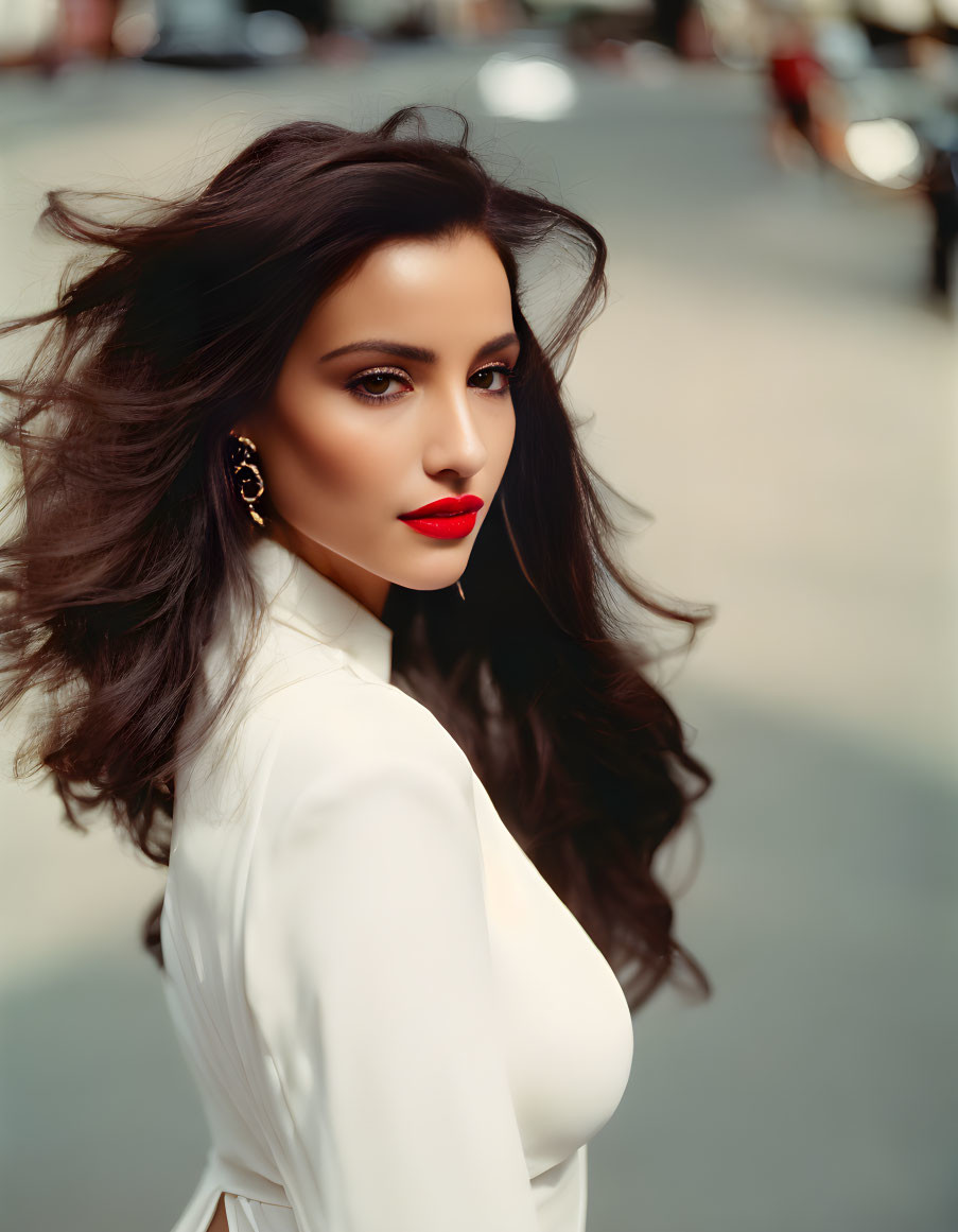 Dark-haired woman in white outfit and red lipstick, gazing at the camera in soft background