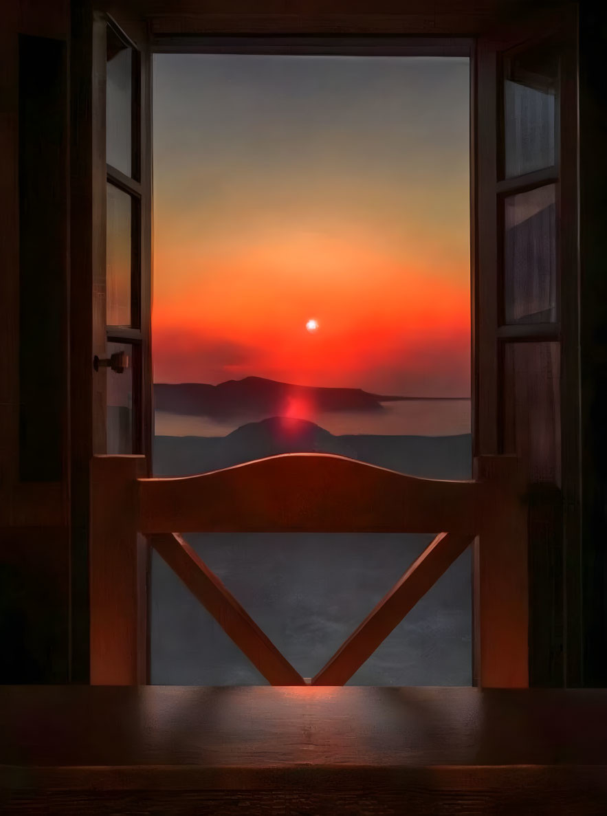 Vibrant red-orange sunset over silhouetted mountains through open wooden door