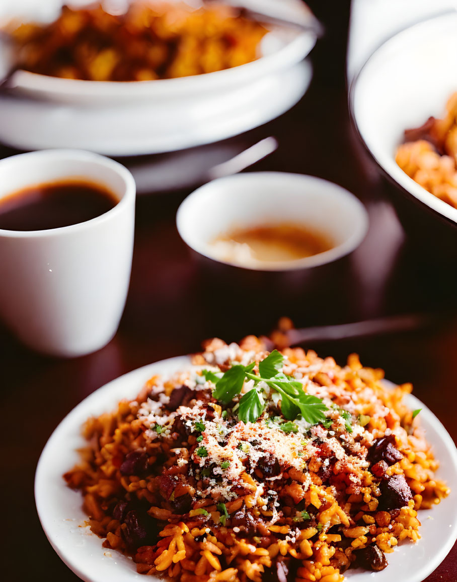 Plate of Rice with Beans, Cheese, and Parsley, Two Cups of Sauce, Additional Dish in