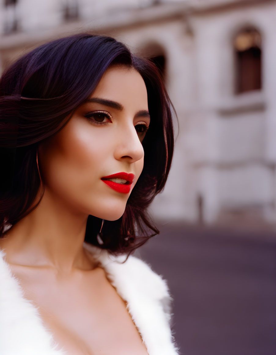 Dark-haired woman in white fur outfit and red lipstick gazes away, hoop earrings, blurred building background