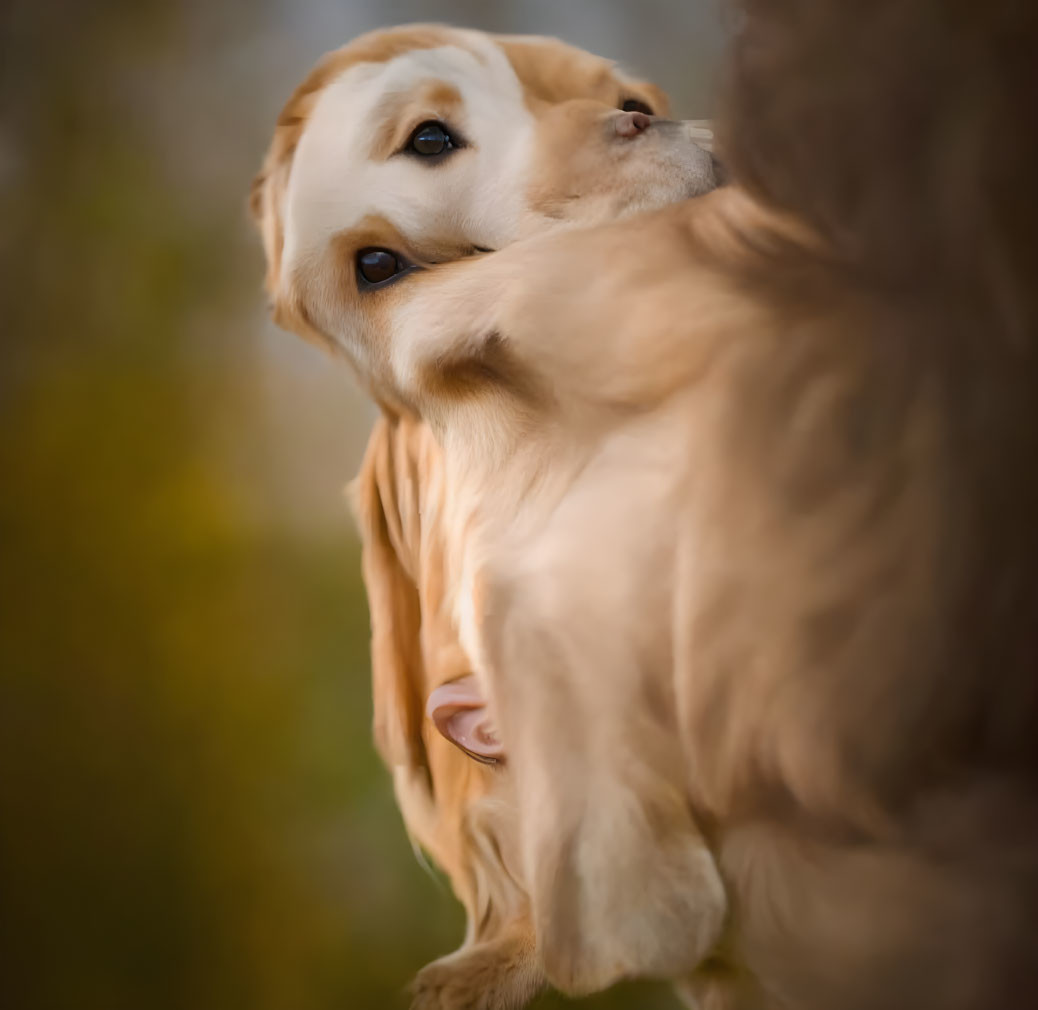 Golden Retriever Puppy Resting Head on Adult Dog's Back in Close Bond