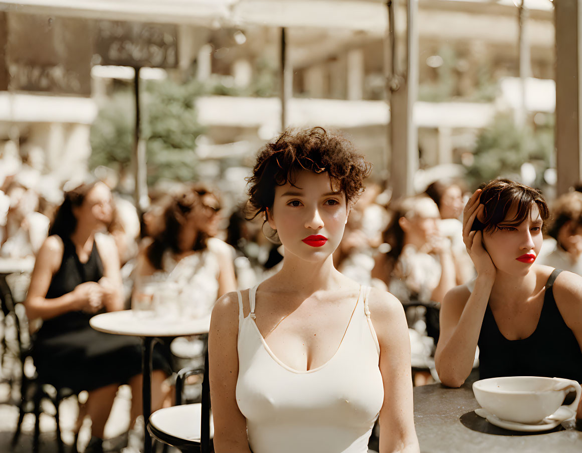 Curly Haired Woman in White Dress at Café with Blurred Background