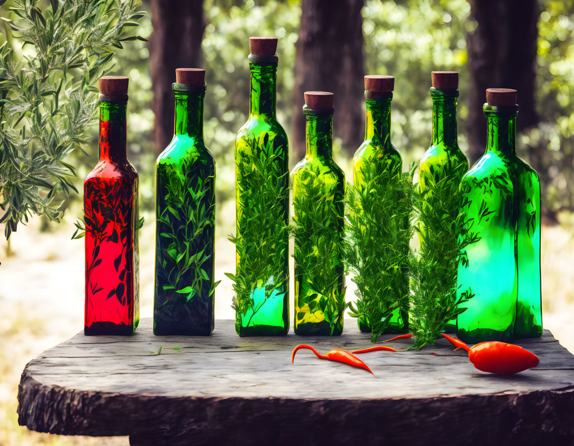 Seven Herb Bottles & Chili Pepper on Rustic Outdoor Table