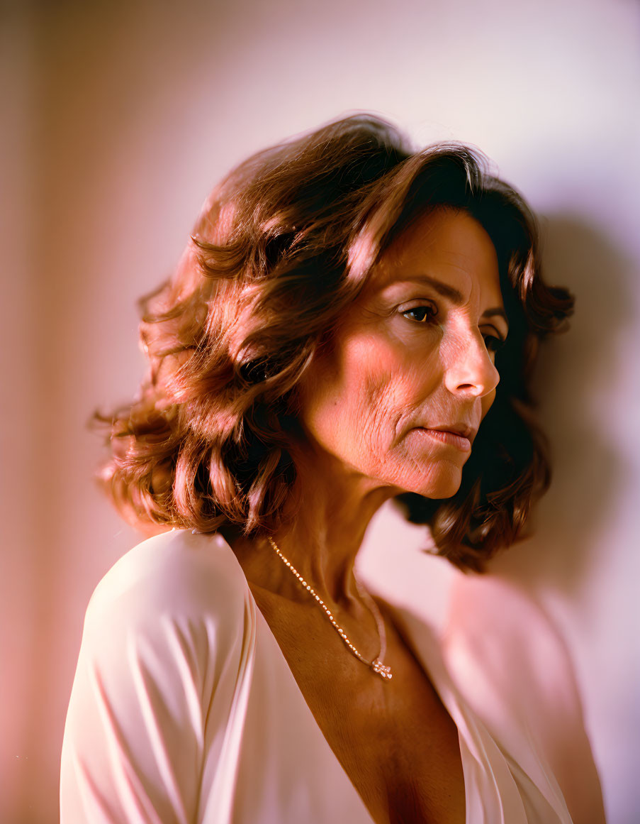 Portrait of woman with wavy hair in white blouse and necklace on soft background