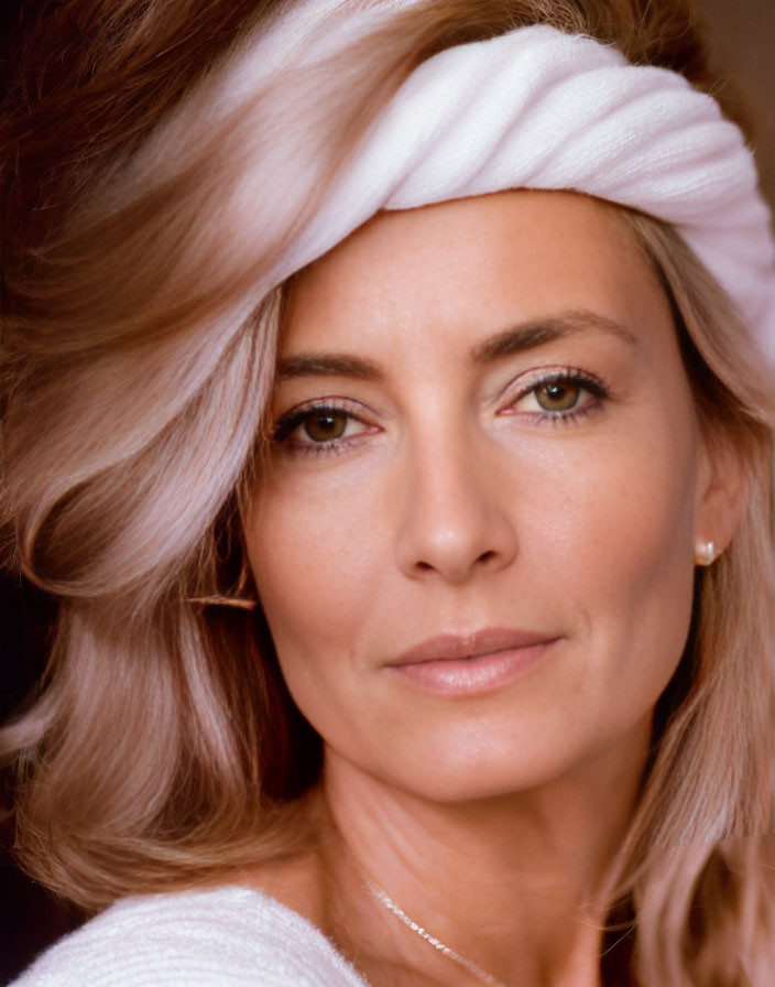 Blonde woman in white headband smiling at camera