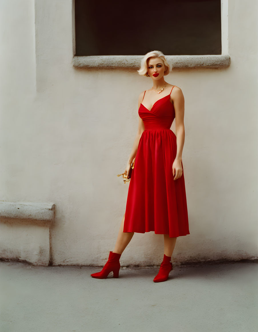 Blonde woman in red dress and boots against pale wall with clutch