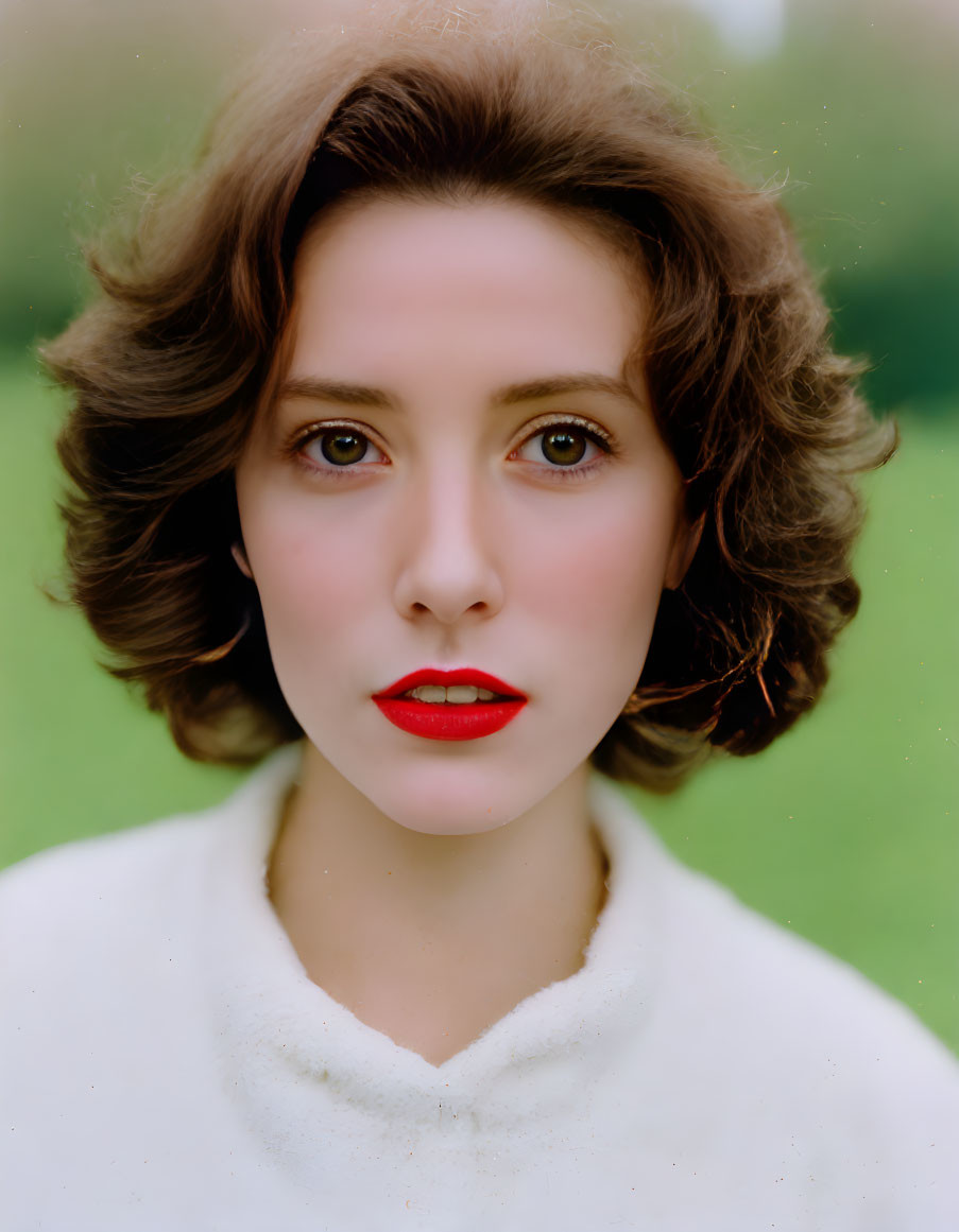 Portrait of Woman with Short Wavy Brown Hair and Red Lipstick