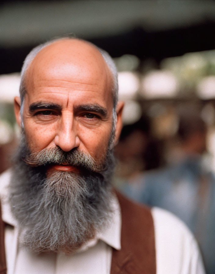 Portrait of bald man with full grey beard and brown vest in crowded setting