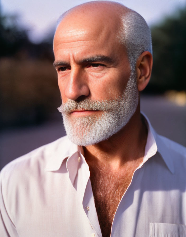 Elderly man with white beard and bald head in light shirt gazes thoughtfully