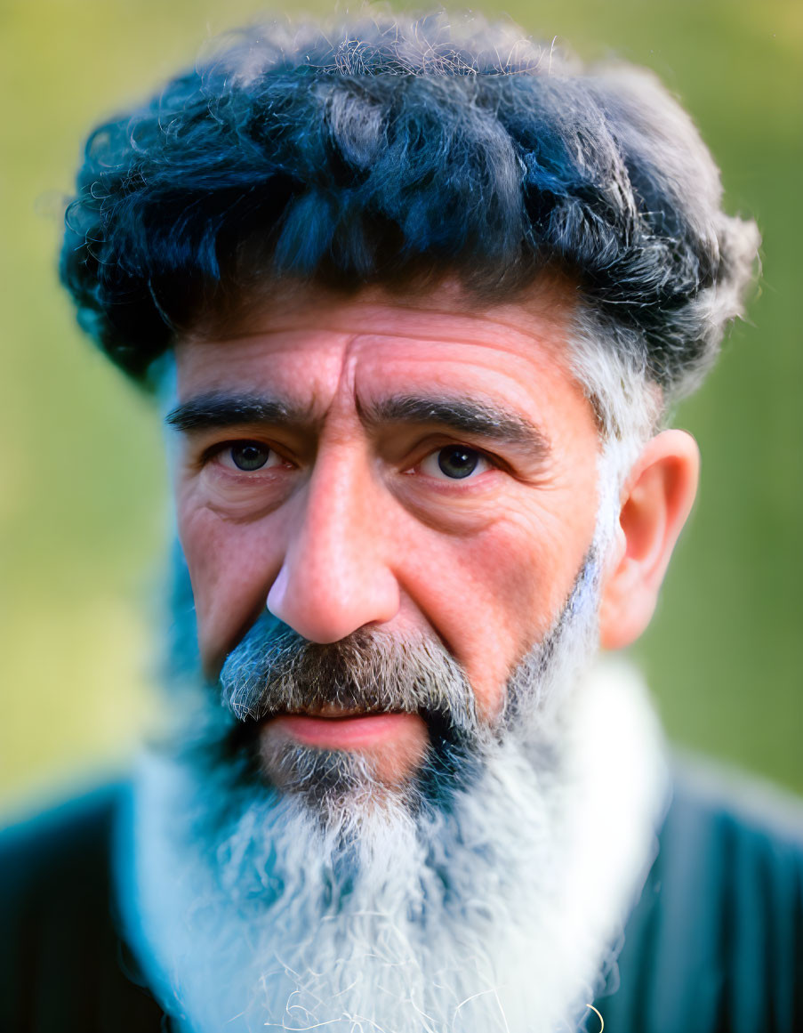 Man with Thick Black and Grey Beard and Tousled Hair in Portrait with Blurred Green Background