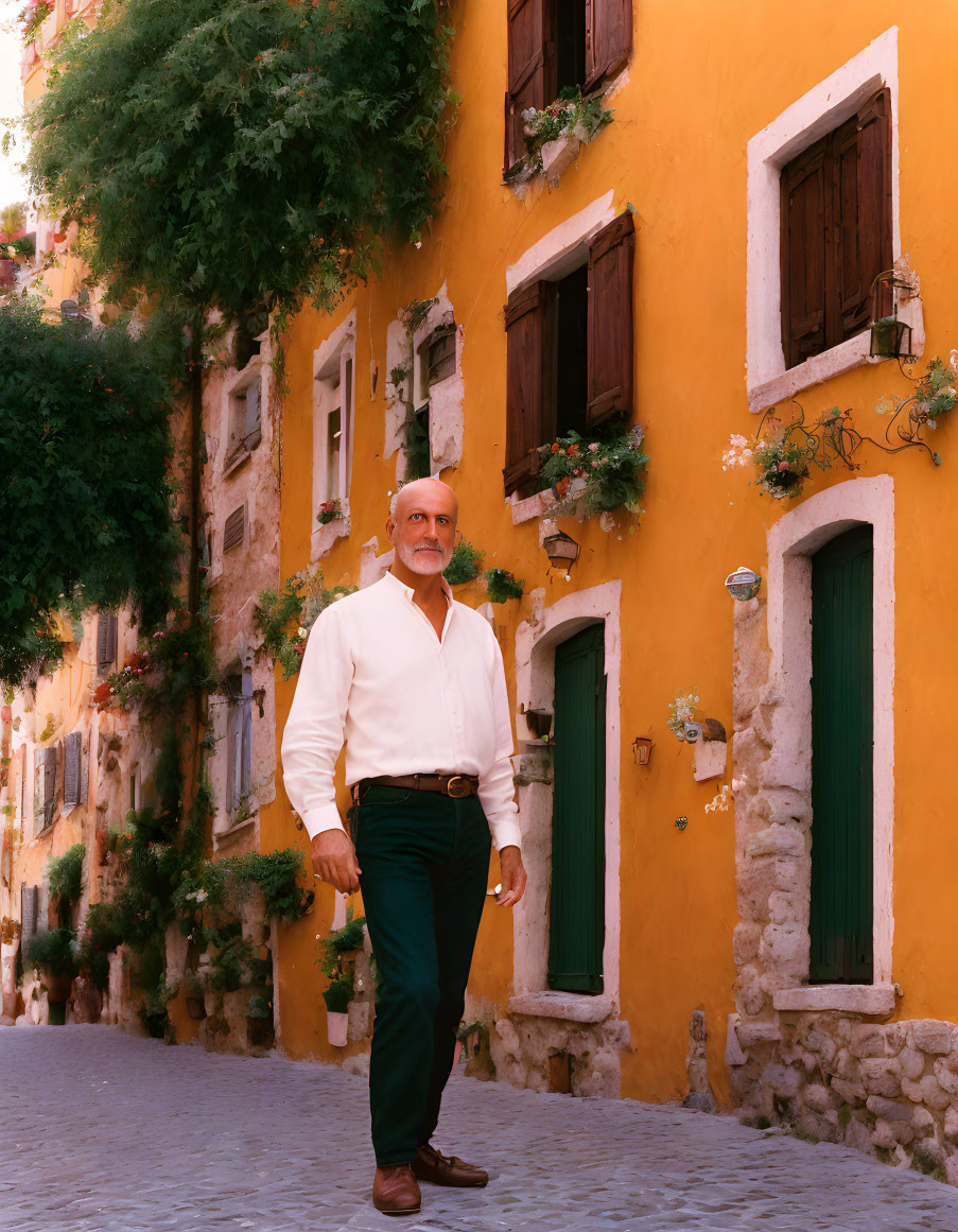 Confident man on charming street with colorful walls and green plants