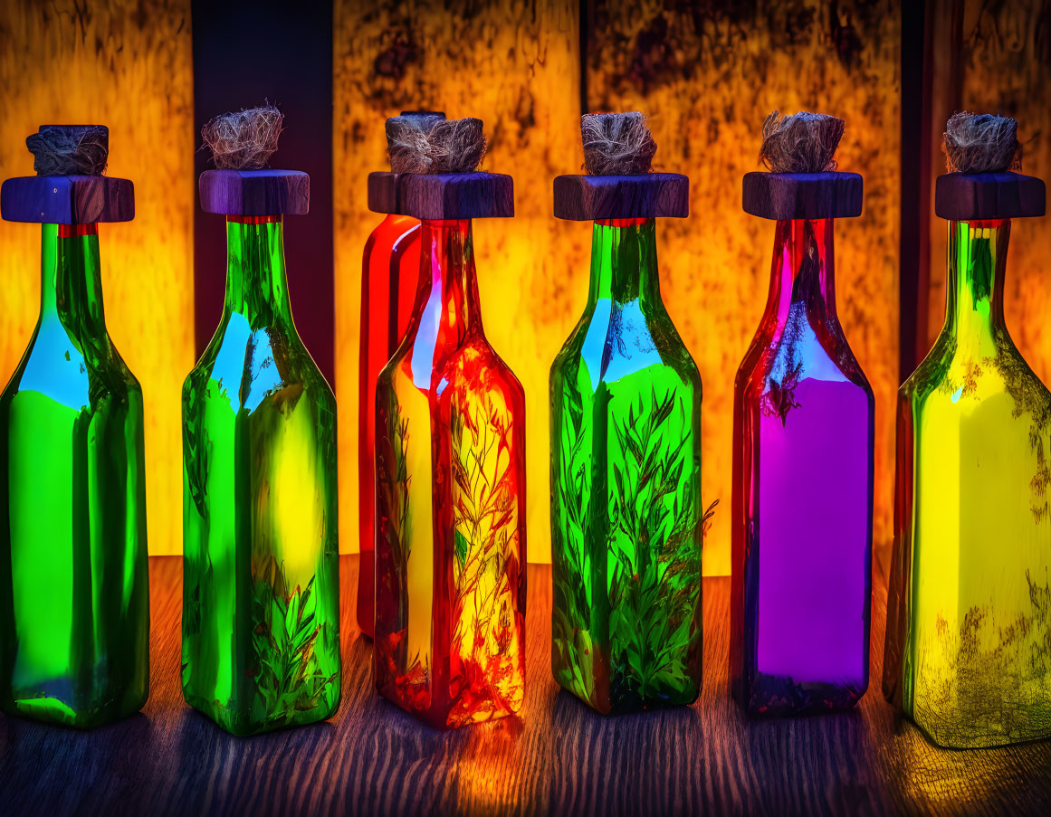 Vibrant glass bottles with plant motifs glowing on wooden background